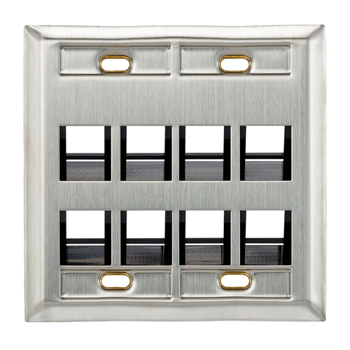 Main product image of Angled Stainless Steel Quickport, Wallplate, Dual-Gang, 8-port, w/ ID Windows