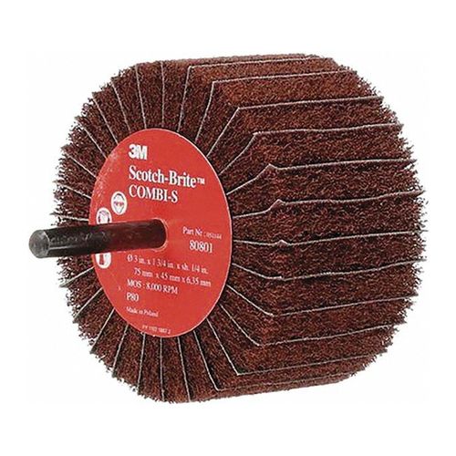 Main product image of 3" dia, 1-3/4" Face Width, 80 Grit, Alum. Oxide Coated, Med, 7,500 Max RPM, Mounted Flap Wheel