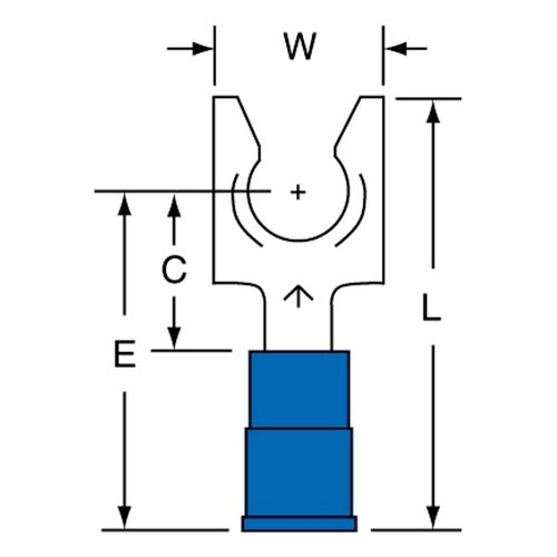 Main product image of Nylon, Partially Insulated, #1/4" Stud, Crimp Locking Fork Terminal, Blue (Pack of 100)