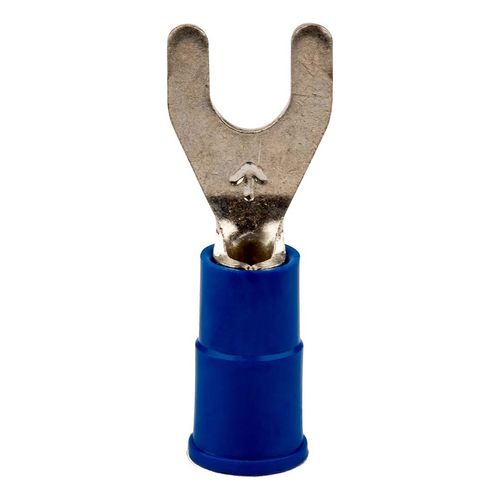 Main product image of Vinyl, Partially Insulated, #6 Stud, Crimp Standard Fork Terminal, Blue (Pack of 100)