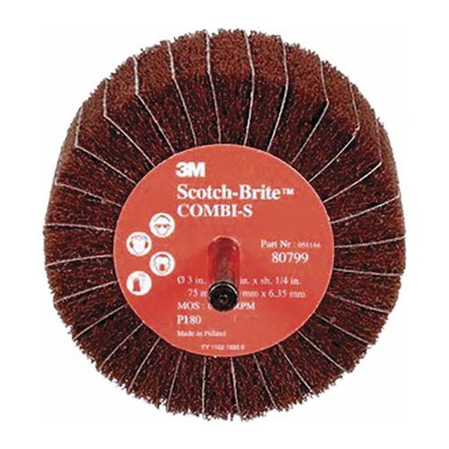 Main product image of 3" dia, 1-3/4" Face Width, 120 Grit, Alum. Oxide Coated, Fine Grade, 7,500 Max RPM, Mounted Flap Wheel
