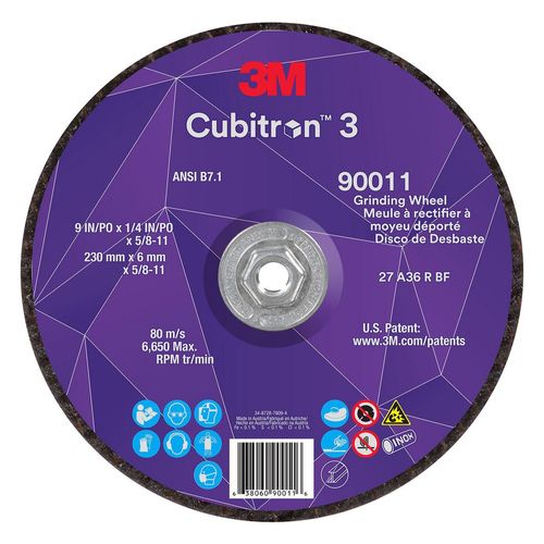 Main product image of Cubitron 3 Depressed Center Grinding Wheel, 90011, 36+, T27, 9" x 1/4" x 5/8"-11 (230x6mmx5/8-11in), ANSI