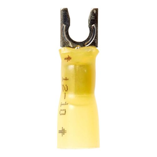 Main product image of Heat Shrink Insulated, Partially Insulated, #8 Stud, Crimp Locking Fork Terminal, Yellow, 7100017420