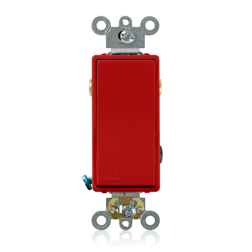 Main product image of 20A, 120/277V Decora Plus Rocker 3-way AC Quiet Switch, Commercial Spec Grade, Self Grounding, Back & Side Wired, (Red)