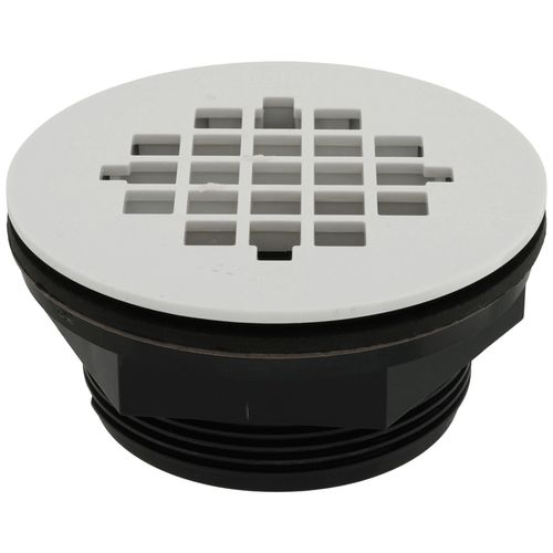 Main product image of 2" ABS No-Calk Shower Drain with a White Plastic Strainer