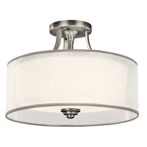 Main product image of Lacey 15" 3 Light Semi Flush w/ Satin Etched Cased Opal Inner Diffusers and White Translucent Organza Outer Shade (Antique Pewter)