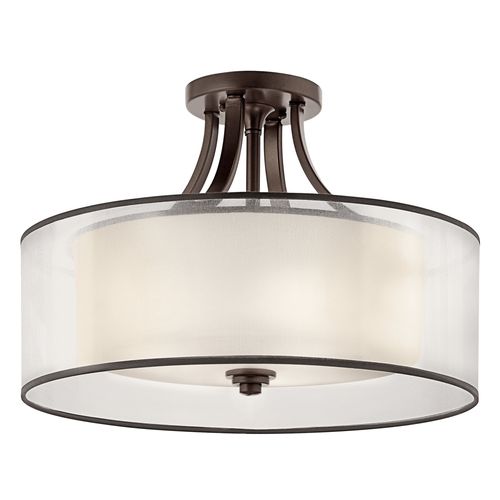 Main product image of Lacey 20" 4 Light Semi Flush w/ Satin Etched Cased Opal Inner Diffusers and Light Umber Translucent Organza Outer Shade (Mission Bronze)