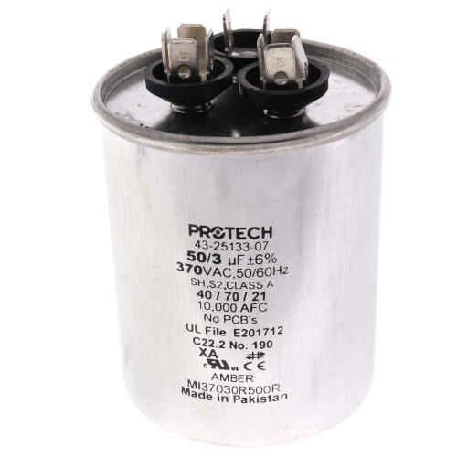 Main product image of 50/3 MFD Round Style Dual Capacitor (370V), 43-25133-07