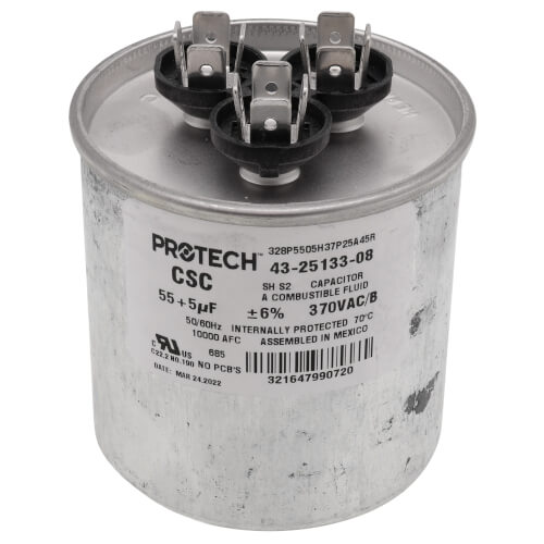 Main product image of 55/5 MFD Dual Round Run Capacitor (370V), 43-25133-08