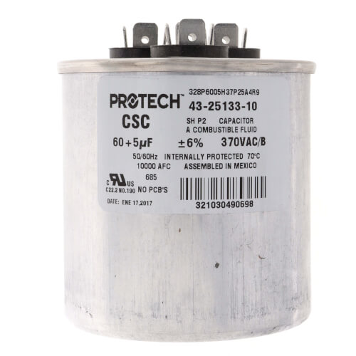 Main product image of 60/5 MFD Dual Round Capacitor (370V), 43-25133-10