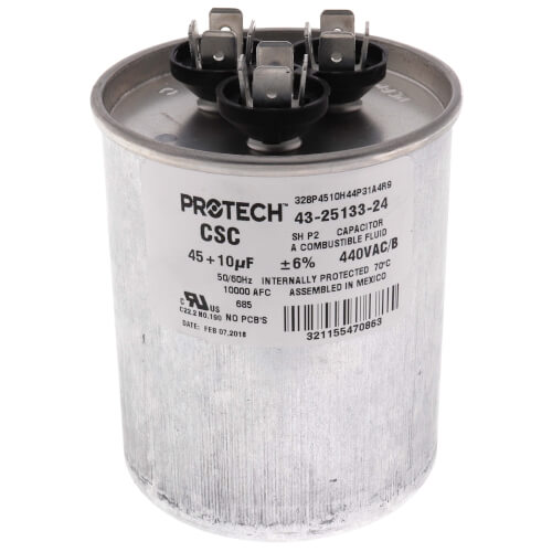 Main product image of 45/10 MFD Round Dual Run Capacitor (440V), 43-25133-24