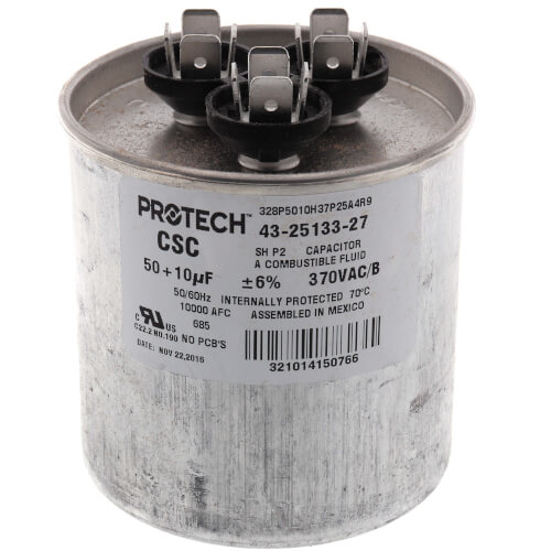 Main product image of 50/10 MFD Round Style Dual Capacitor (370V), 43-25133-27