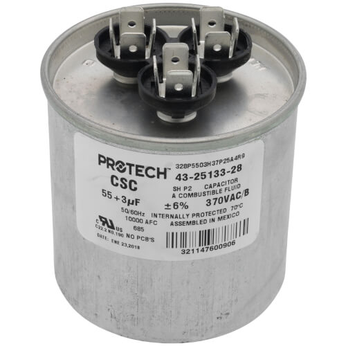 Main product image of 55/3 MFD Round Run Capacitor (370V), 43-25133-28