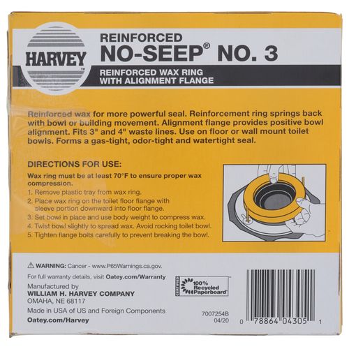 Main product image of Harvey No-Seep #3 Reinforced Wax Toilet Bowl Gasket w/ Flange