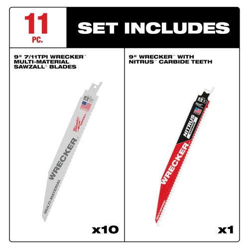 Main product image of The WRECKER Multi-Material SAWZALL Blade 9" 7/11TPI (10 Pack) + 9" WRECKER Nitrus with Carbide Teeth