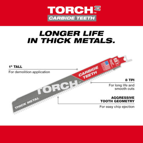 Main product image of Sawzall Torch Reciprocating Blade w/ Carbide Teeth, 7 TPI, 9" Length (3 Pack)