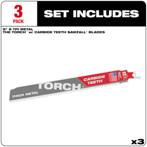 Main product image of Sawzall Torch Reciprocating Blade w/ Carbide Teeth, 7 TPI, 9" Length (3 Pack)