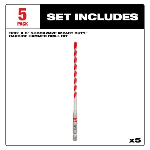 Main product image of 3/16" x 4" x 6" SHOCKWAVE Impact Duty Carbide Hammer Drill Bits (5 Pack)