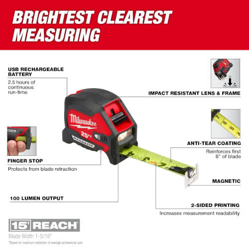 Main product image of 25 ft. Compact Wide Blade Magnetic Tape Measure w/ Rechargeable 100L Light