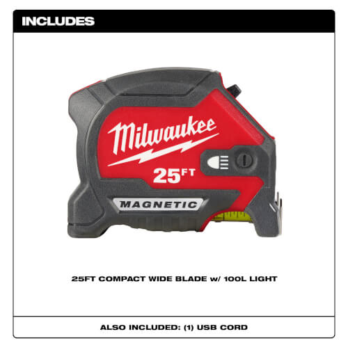 Main product image of 25 ft. Compact Wide Blade Magnetic Tape Measure w/ Rechargeable 100L Light