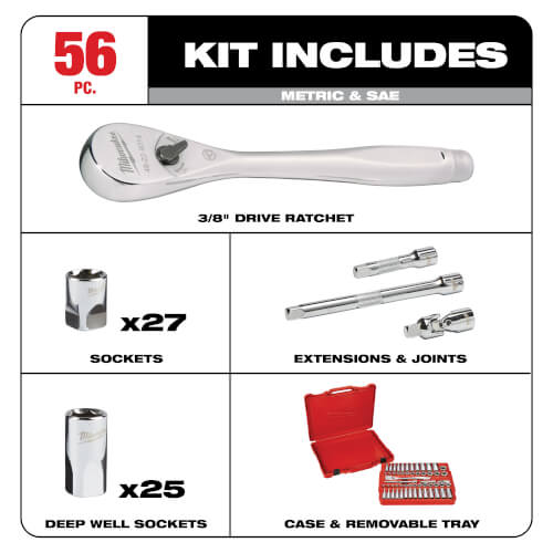 Main product image of 3/8" Drive Ratchet & Socket Set, SAE & Metric (56 Pieces)
