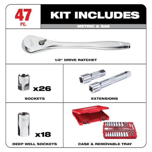 Main product image of 1/2" Drive Ratchet & Socket Set, SAE & Metric (47 Pieces)
