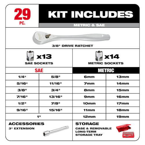Main product image of 3/8" Drive Metric & SAE Ratchet and Socket Set w/ Four Flat Sides (Pack of 29)