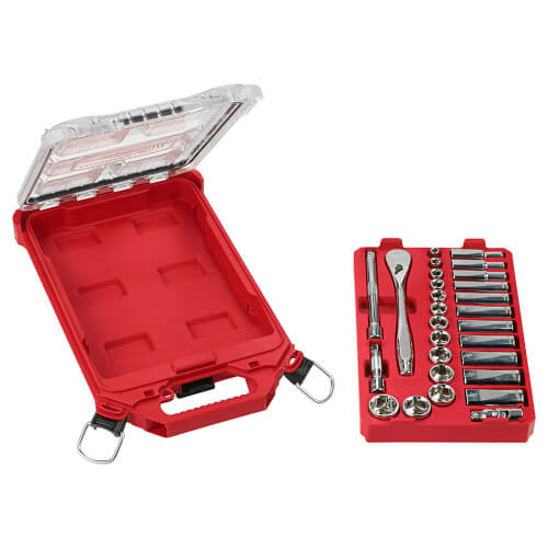 thumbnail interactive-video image 1 of Milwaukee 48-22-9481 28pc 3/8" Ratchet And Socket Set – PACKOUT Case, SAE, 7.5lb 1 of 2