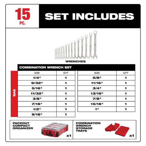 Main product image of 15-Piece SAE Combination Wrench Set w/ PACKOUT Compact Organizer