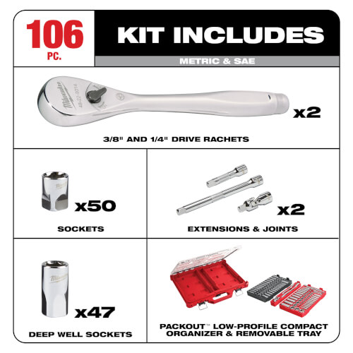 Main product image of 1/4" & 3/8" Drive Metric & SAE Ratchet & Socket Set with PACKOUT Low-Profile Organizer (106 Piece)