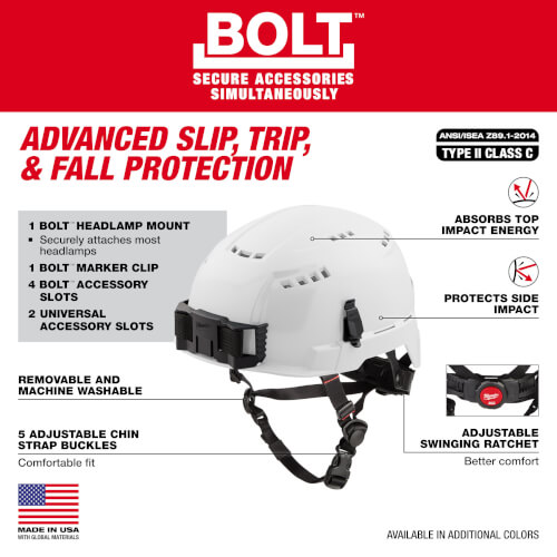 Main product image of BOLT Vented Safety Helmet with IMPACT ARMOR Liner (USA) Type 2 Class C (White)