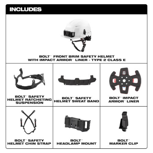 Main product image of BOLT Front Brim Safety Helmet with IMPACT ARMOR Liner (USA) Type 2 Class E (White)