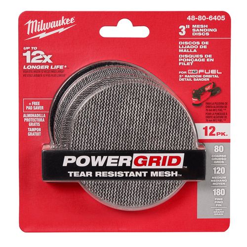 Main product image of 3" Assorted 80, 120, 180 Grit Mesh Sanding Discs with POWERGRID Tear Resistant Mesh w/ Pad Saver (12 Pack)