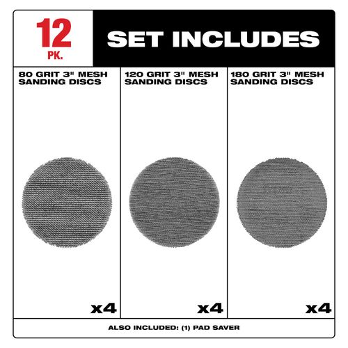 Main product image of 3" Assorted 80, 120, 180 Grit Mesh Sanding Discs with POWERGRID Tear Resistant Mesh w/ Pad Saver (12 Pack)