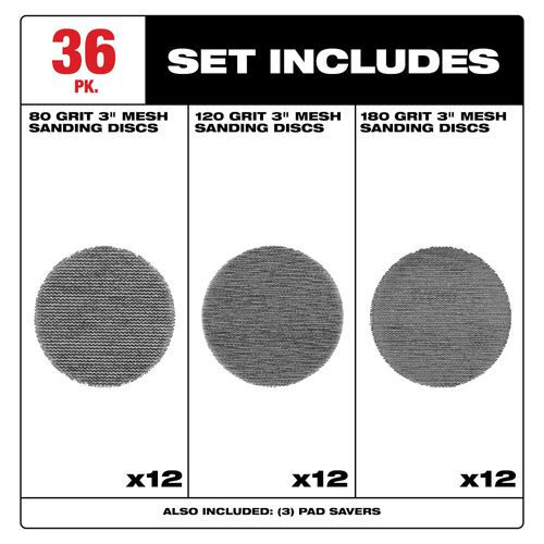Main product image of 3" Assorted 80, 120, 180 Grit Mesh Sanding Discs with POWERGRID Tear Resistant Mesh w/ 3 Pad Savers (36 Pack)