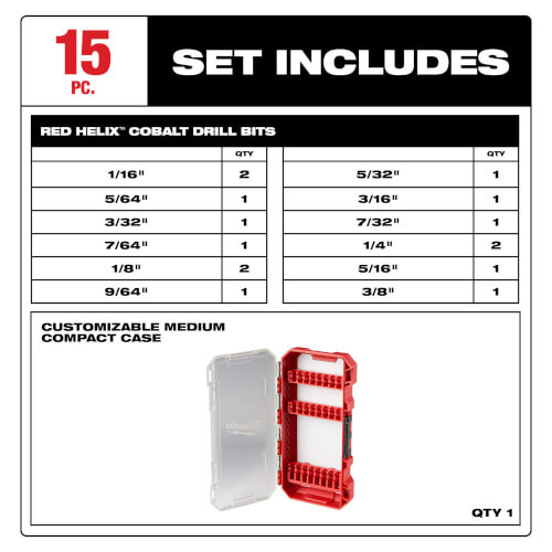Main product image of 15 Piece Cobalt Red Helix Drill Bit Set