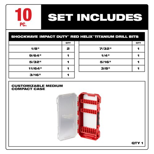 Main product image of SHOCKWAVE Impact Duty RED HELIX Titanium Drill Bit Set - 10 Piece