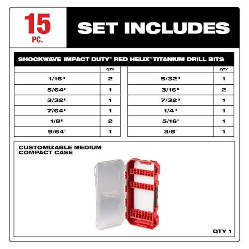 Main product image of 15 Piece Shockwave Impact Duty RED HELIX Titanium Drill Bit Set