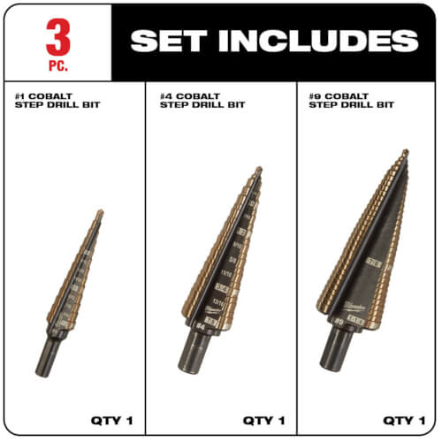 48 89 9291 milwaukee 48 89 9291 3 piece cobalt step bit kit
