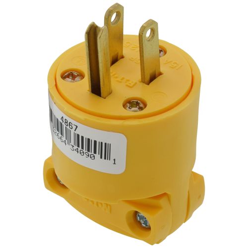 Main product image of Arrow Hart Commercial Angled Body Straight Blade Plug w/ Back Wire, 15A, 2P, 3W, NEMA 5-15P - Yellow (125V)