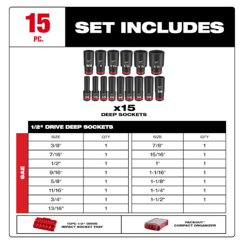 Main product image of SHOCKWAVE Impact Duty Socket 1/2" Drive SAE PACKOUT Set (15 Piece)