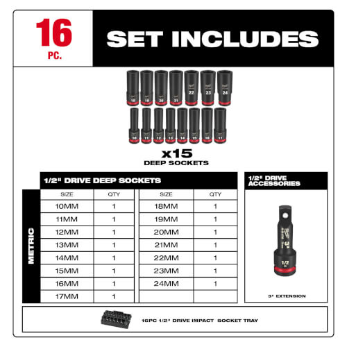 Main product image of SHOCKWAVE Impact Duty Socket 1/2" Drive Metric TRAY Set (16 Piece)