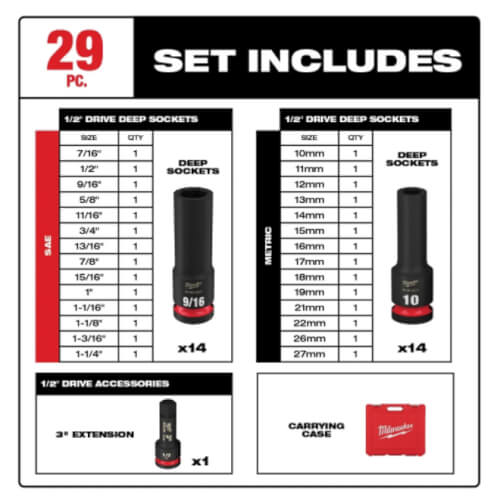 Main product image of SHOCKWAVE Impact Duty 1/2" Drive SAE & Metric Deep 6 Point Socket Set (29 Pieces)