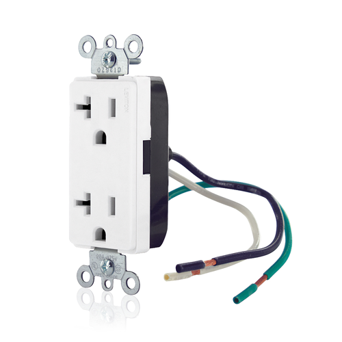 Main product image of Decora Plus Duplex Receptacle Outlet,  Smooth Face, 20A, 125V Pre-Wired Leads (hot and neutral), NEMA 5-20R, 2-Pole, 3-Wire, Self-Grounding (White)