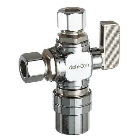 Main product image of 1/2" x 3/8" OD Comp x 3/8" OD Comp Straight Dual Outlet Valve, Lead Free (Chrome)