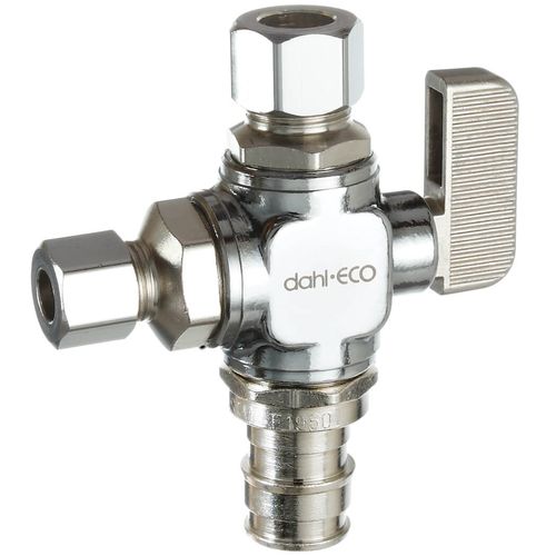 Main product image of 1/2" Expansion PEX x 3/8" x 1/4" OD Comp Straight Dual Outlet Supply Stop Valve, Lead Free (Chrome Plated)