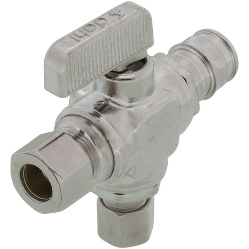 Main product image of 1/2" Expansion PEX x 3/8" x 1/4" OD Comp Straight Dual Outlet Supply Stop Valve, Lead Free (Chrome Plated)