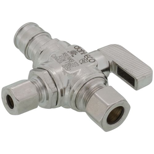 Main product image of 1/2" Expansion PEX x 3/8" x 1/4" OD Comp Straight Dual Outlet Supply Stop Valve, Lead Free (Chrome Plated)
