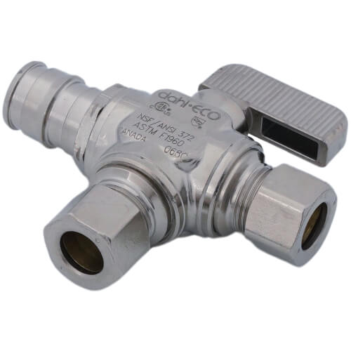 Main product image of 1/2" Expansion PEX x 3/8" OD Comp Straight Dual Outlet Supply Stop Valve, Lead Free (Chrome Plated)