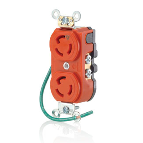 Main product image of 15A, 125V NEMA L5-15R, 2P, 3W, Duplex Locking Receptacle, Isolated Ground, Integral 6" Ground Lead (no ground screw) (Orange)
